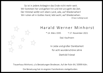 Anzeige von Harald Werner Minhorst von Zeitungsgruppe Köln 