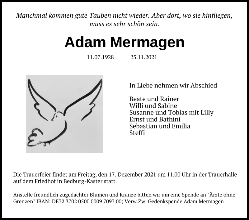  Traueranzeige für Adam Mermagen vom 11.12.2021 aus Kölner Stadt-Anzeiger / Kölnische Rundschau / Express