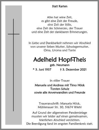 Anzeige von Adelheid Hopf-Theis von  Anzeigen Echo  Lokalanzeiger 