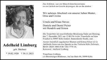 Anzeige von Adelheid Limburg von Kölner Stadt-Anzeiger / Kölnische Rundschau / Express