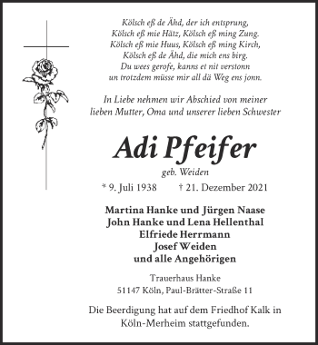 Anzeige von Adi Pfeifer von  Kölner Wochenspiegel 