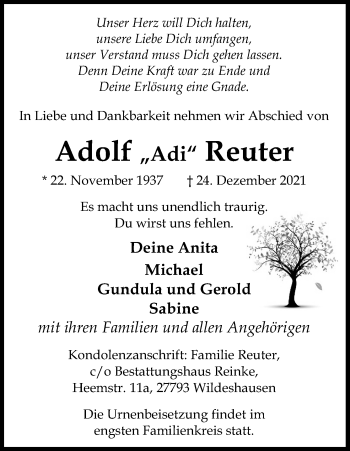 Anzeige von Adolf Reuter von Kölner Stadt-Anzeiger / Kölnische Rundschau / Express