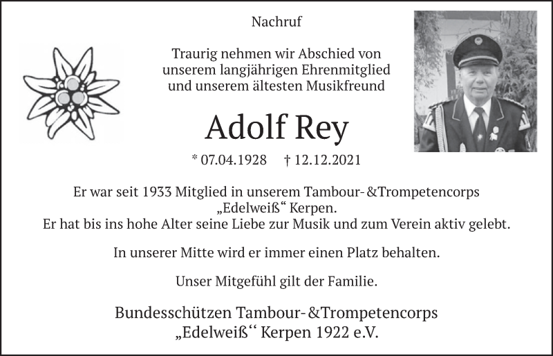  Traueranzeige für Adolf Rey vom 27.12.2021 aus  Werbepost 