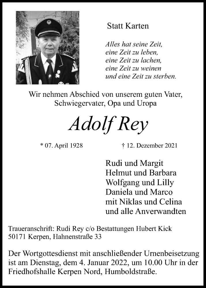  Traueranzeige für Adolf Rey vom 29.12.2021 aus Kölner Stadt-Anzeiger / Kölnische Rundschau / Express