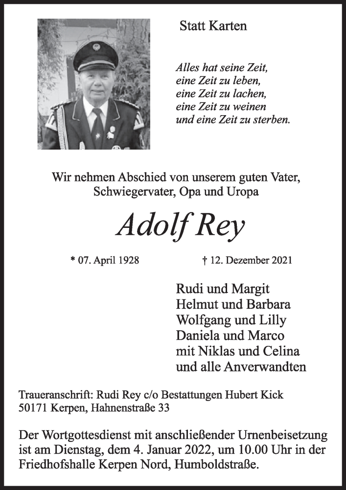  Traueranzeige für Adolf Rey vom 27.12.2021 aus  Werbepost 