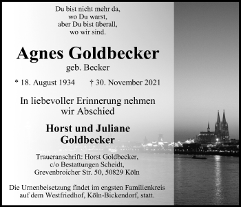Anzeige von Agnes Goldbecker von Kölner Stadt-Anzeiger / Kölnische Rundschau / Express