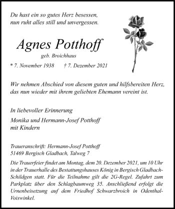 Anzeige von Agnes Potthoff von  Bergisches Handelsblatt 