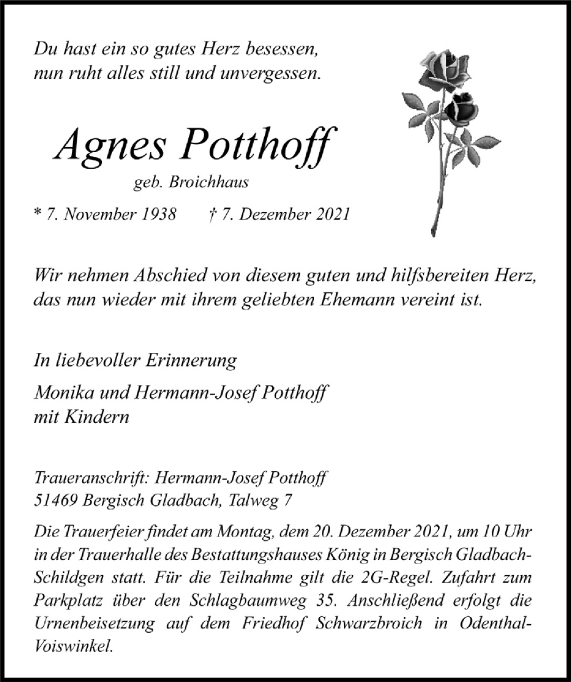  Traueranzeige für Agnes Potthoff vom 17.12.2021 aus  Bergisches Handelsblatt 