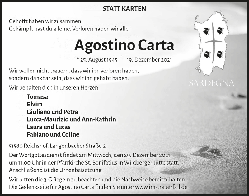  Traueranzeige für Agostino Carta vom 27.12.2021 aus  Lokalanzeiger 