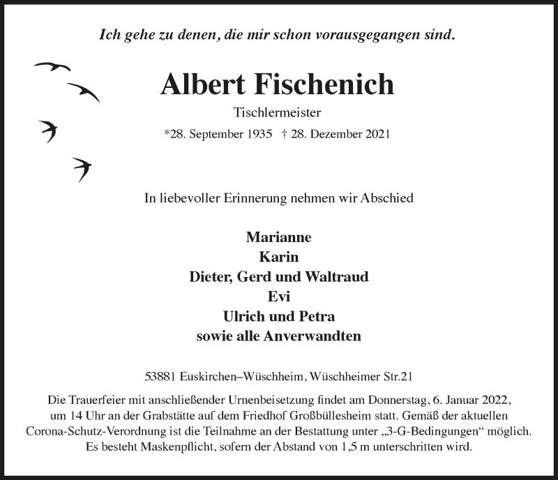  Traueranzeige für Albert Fischenich vom 01.01.2022 aus  Blickpunkt Euskirchen 