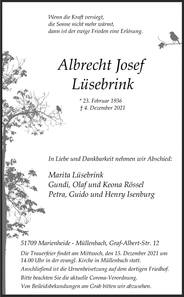  Traueranzeige für Albrecht Josef Lüsebrink vom 11.12.2021 aus Kölner Stadt-Anzeiger / Kölnische Rundschau / Express