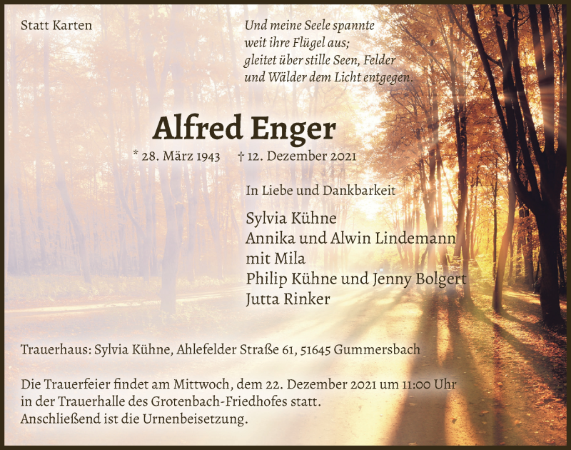  Traueranzeige für Alfred Enger vom 17.12.2021 aus  Anzeigen Echo 