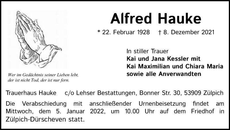  Traueranzeige für Alfred Hauke vom 29.12.2021 aus Kölner Stadt-Anzeiger / Kölnische Rundschau / Express