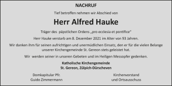 Anzeige von Alfred Hauke von  Blickpunkt Euskirchen 