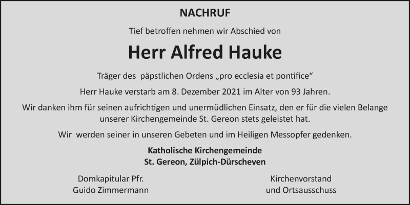  Traueranzeige für Alfred Hauke vom 18.12.2021 aus  Blickpunkt Euskirchen 