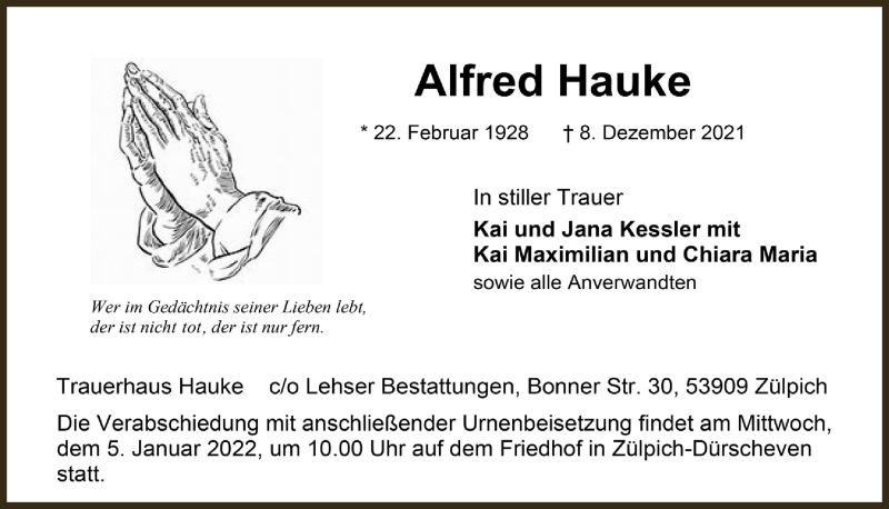  Traueranzeige für Alfred Hauke vom 01.01.2022 aus  Blickpunkt Euskirchen 