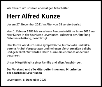 Anzeige von Alfred Kunze von Kölner Stadt-Anzeiger / Kölnische Rundschau / Express
