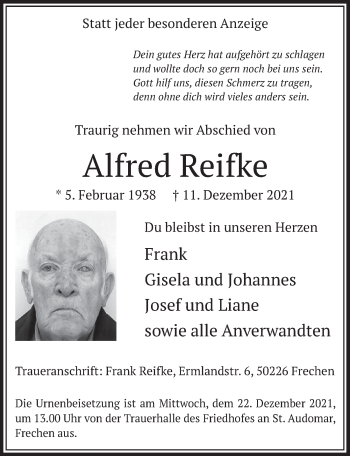 Anzeige von Alfred Reifke von  Wochenende 