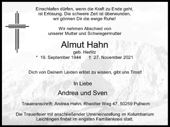 Anzeige von Almut Hahn von Kölner Stadt-Anzeiger / Kölnische Rundschau / Express