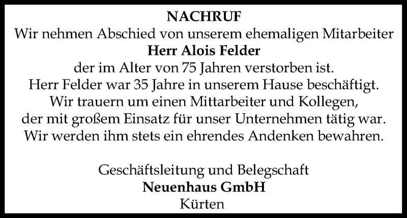  Traueranzeige für Alois Felder vom 04.12.2021 aus Kölner Stadt-Anzeiger / Kölnische Rundschau / Express