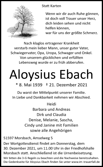Anzeige von Aloysius Ebach von Kölner Stadt-Anzeiger / Kölnische Rundschau / Express