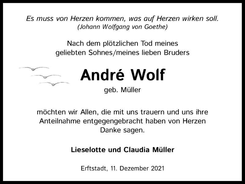 Traueranzeige für Andre Wolf vom 11.12.2021 aus Kölner Stadt-Anzeiger / Kölnische Rundschau / Express