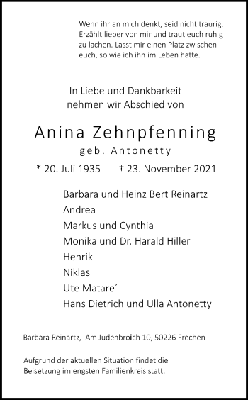 Anzeige von Anina Zehnpfenning von Kölner Stadt-Anzeiger / Kölnische Rundschau / Express