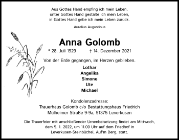 Anzeige von Anna Golomb von Kölner Stadt-Anzeiger / Kölnische Rundschau / Express