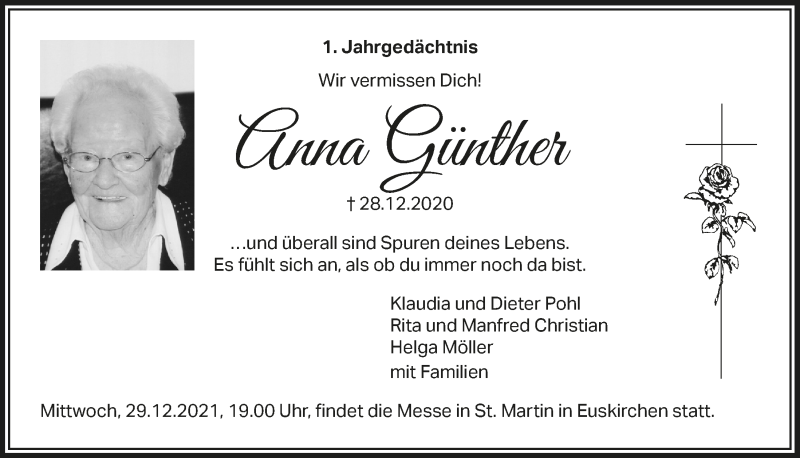  Traueranzeige für Anna Günther vom 27.12.2021 aus  Blickpunkt Euskirchen 