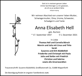 Anzeige von Anna Elisabeth Hell von Kölner Stadt-Anzeiger / Kölnische Rundschau / Express