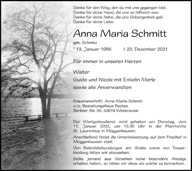  Traueranzeige für Anna Maria Schmitt vom 01.01.2022 aus  Blickpunkt Euskirchen 
