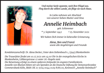 Anzeige von Annelie Heimbach von Kölner Stadt-Anzeiger / Kölnische Rundschau / Express