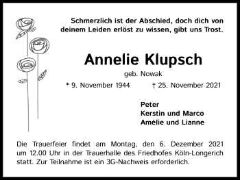 Anzeige von Annelie Klupsch von Kölner Stadt-Anzeiger / Kölnische Rundschau / Express
