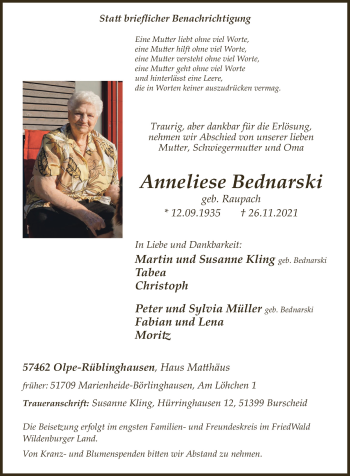 Anzeige von Anneliese Bednarski von  Anzeigen Echo 