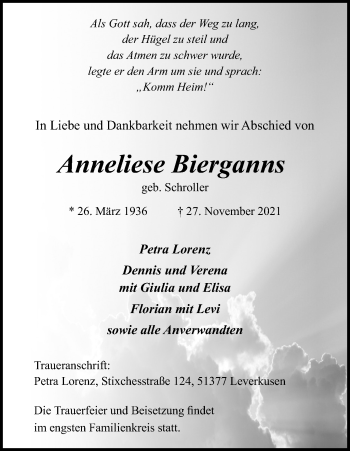 Anzeige von Anneliese Bierganns von Kölner Stadt-Anzeiger / Kölnische Rundschau / Express