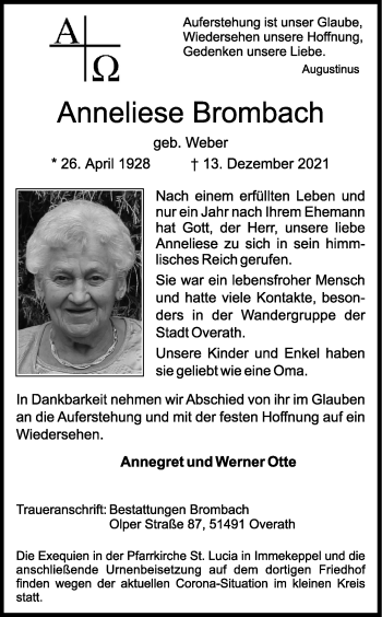 Anzeige von Anneliese Brombach von Kölner Stadt-Anzeiger / Kölnische Rundschau / Express