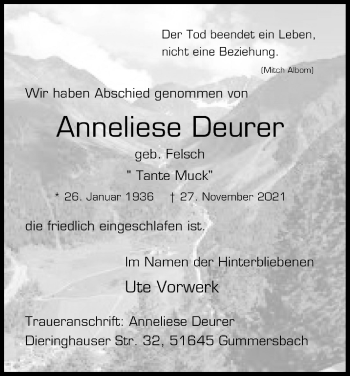 Anzeige von Anneliese Deurer von Kölner Stadt-Anzeiger / Kölnische Rundschau / Express