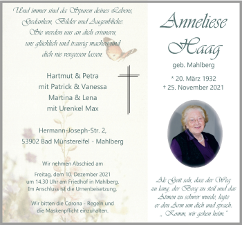 Anzeige von Anneliese Haag von  Blickpunkt Euskirchen 