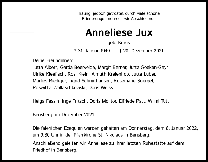  Traueranzeige für Anneliese Jux vom 31.12.2021 aus Kölner Stadt-Anzeiger / Kölnische Rundschau / Express