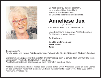 Anzeige von Anneliese Jux von Kölner Stadt-Anzeiger / Kölnische Rundschau / Express