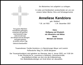 Anzeige von Anneliese Kandziora von Kölner Stadt-Anzeiger / Kölnische Rundschau / Express