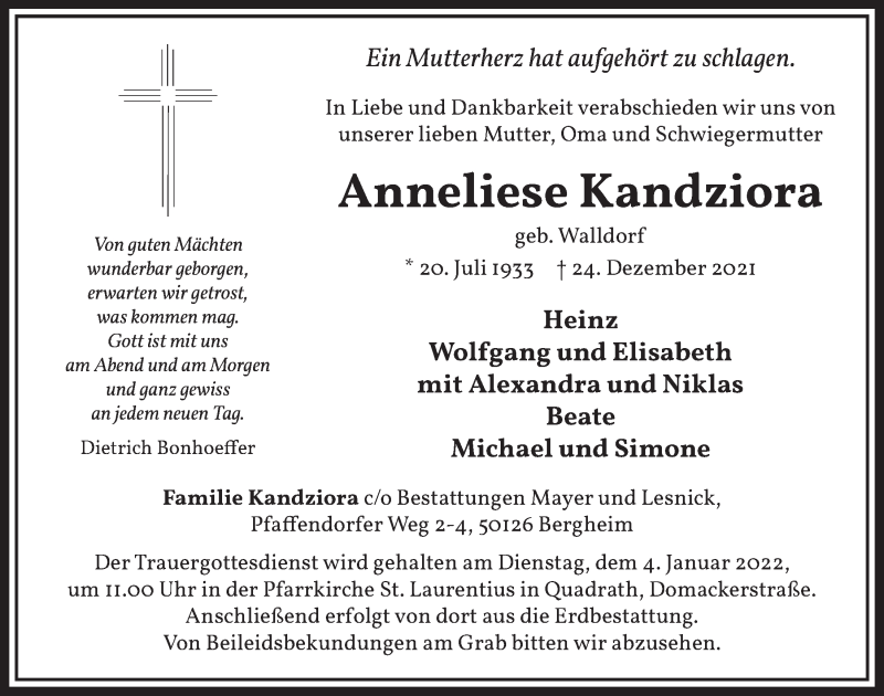  Traueranzeige für Anneliese Kandziora vom 01.01.2022 aus  Werbepost 