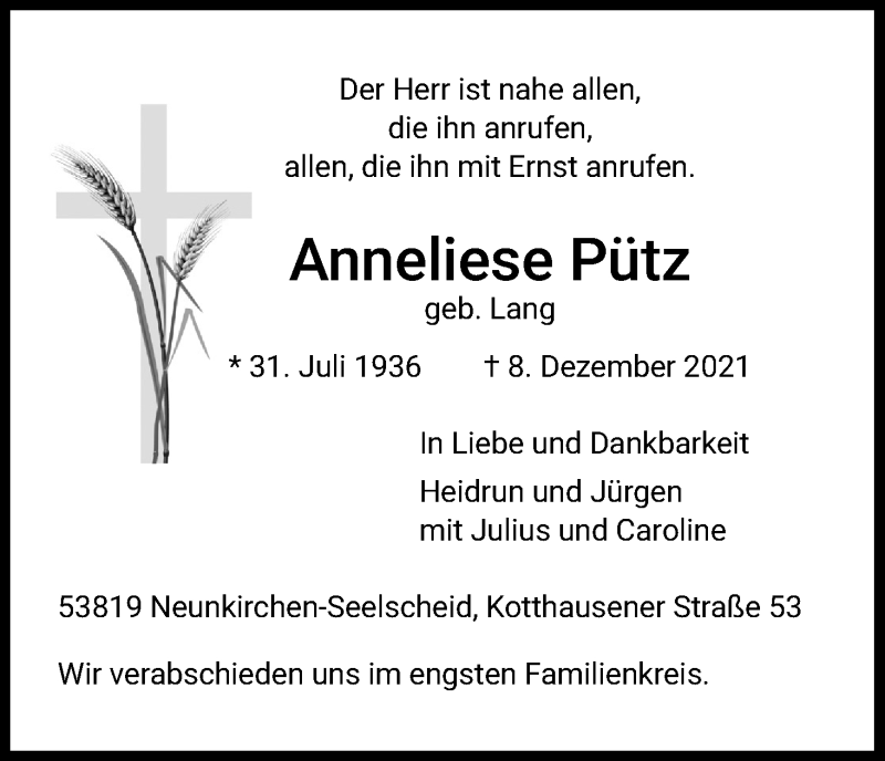  Traueranzeige für Anneliese Pütz vom 11.12.2021 aus Kölner Stadt-Anzeiger / Kölnische Rundschau / Express