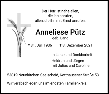Anzeige von Anneliese Pütz von Kölner Stadt-Anzeiger / Kölnische Rundschau / Express