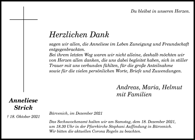  Traueranzeige für Anneliese Strick vom 11.12.2021 aus  Blickpunkt Euskirchen 