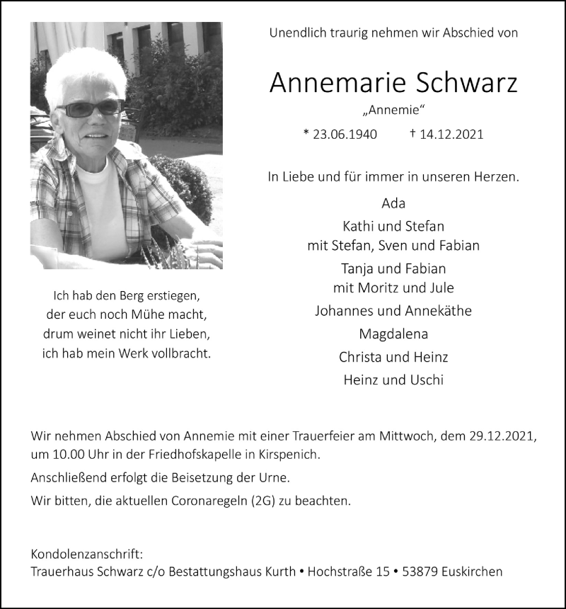  Traueranzeige für Annemarie Schwarz vom 27.12.2021 aus  Blickpunkt Euskirchen 