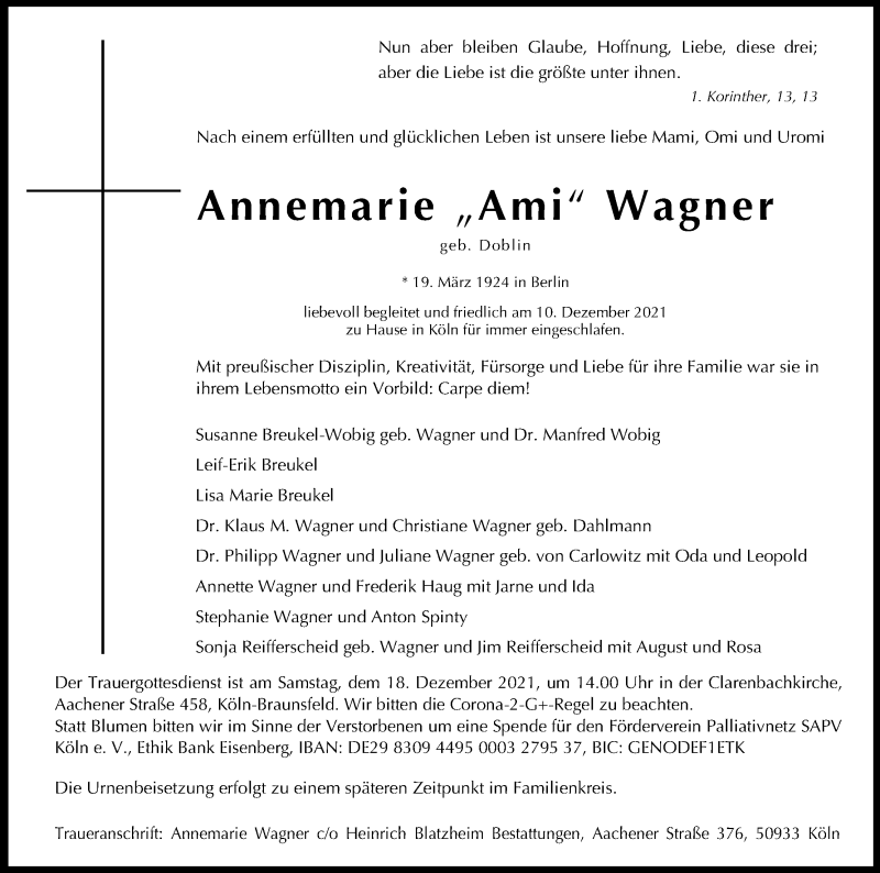  Traueranzeige für Annemarie Wagner vom 15.12.2021 aus Kölner Stadt-Anzeiger / Kölnische Rundschau / Express