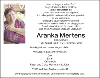 Anzeige von Aranka Mertens von  Lokalanzeiger 