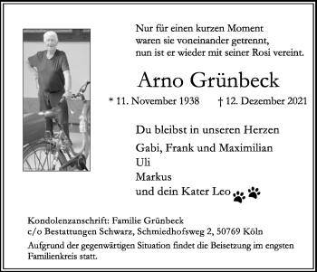 Anzeige von Arno Grünbeck von Kölner Stadt-Anzeiger / Kölnische Rundschau / Express