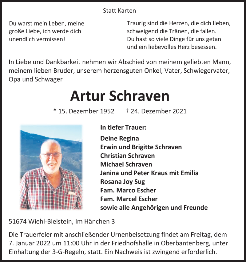  Traueranzeige für Artur Schraven vom 31.12.2021 aus Kölner Stadt-Anzeiger / Kölnische Rundschau / Express
